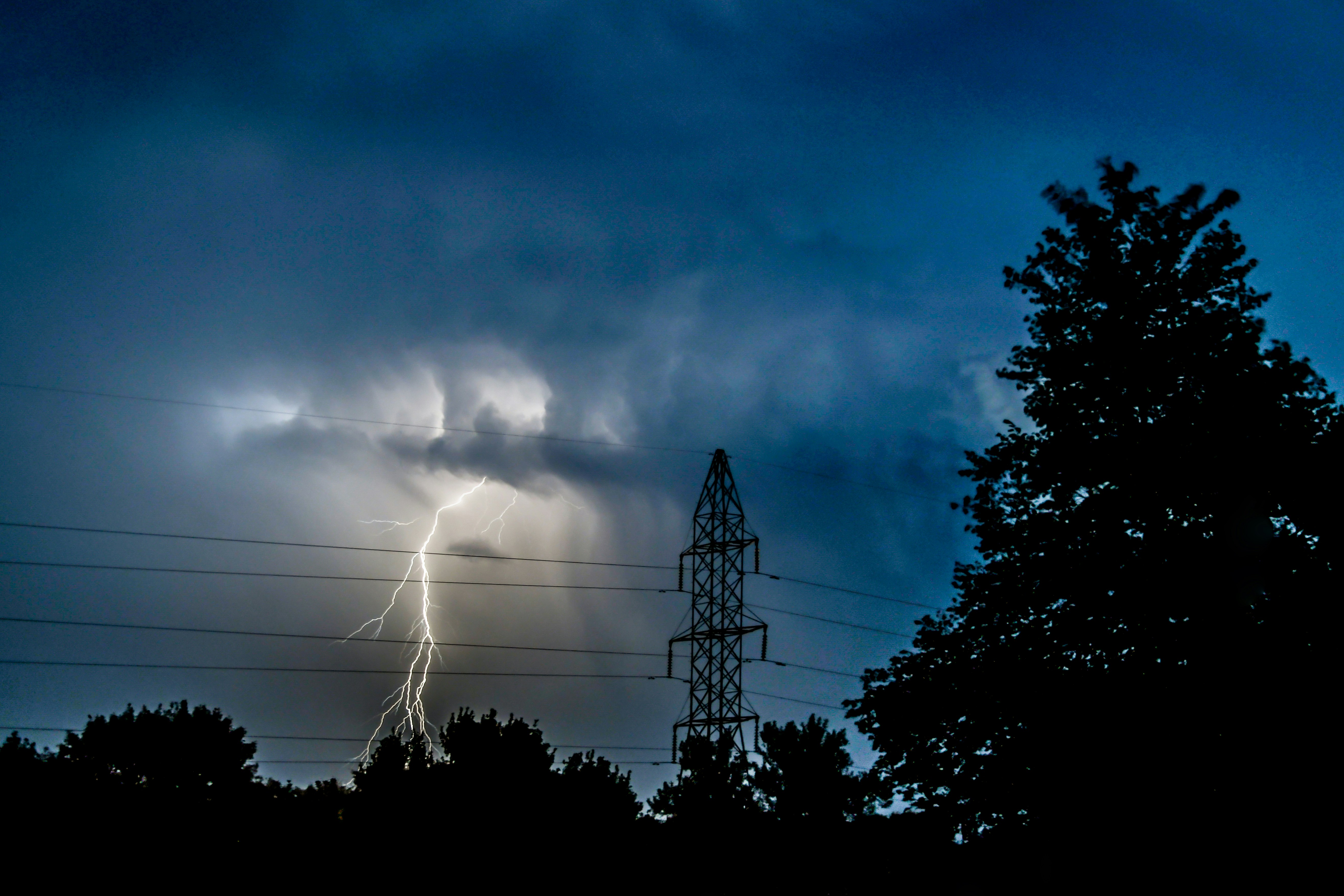 Silhouette photo of trees near electric tower under lightning.